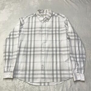 Burberry London Mens XL Button Down Shirt Grey White Check Plaid Long Sleeve